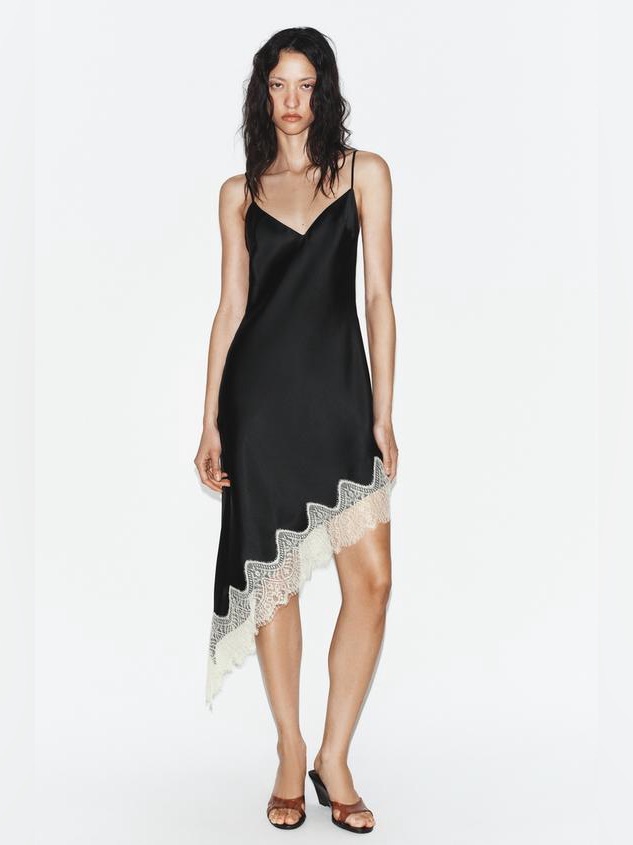 Zara Black Satin Lace Trimmed Slip Dress Medium Nwt** As Is